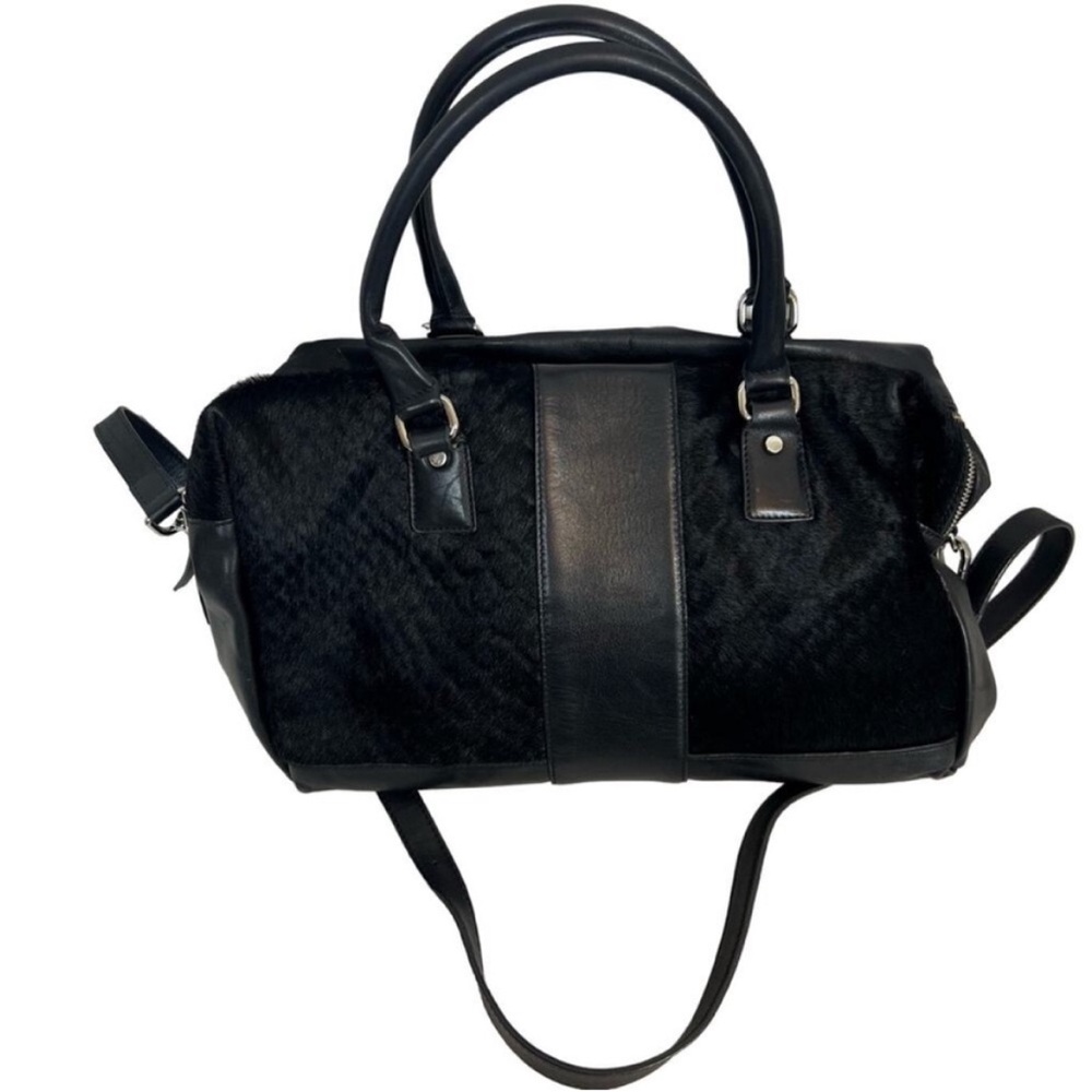 Innue soft leather and fur satchel crossbody bag black